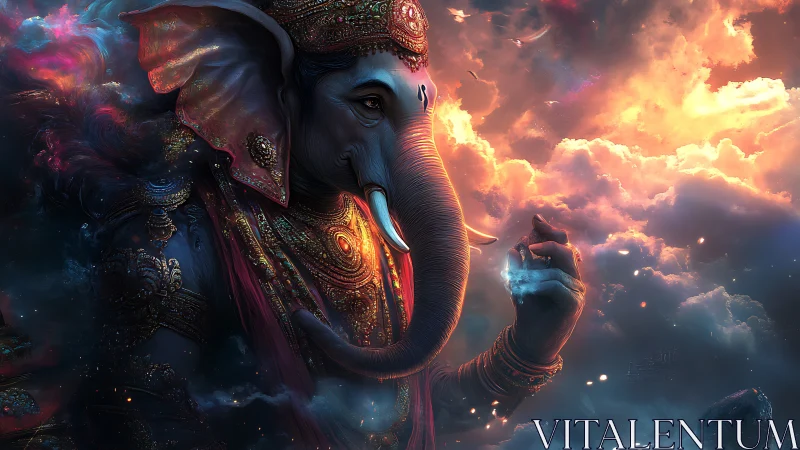 Divine elephant deity in luminous celestial digital rendering.