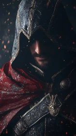 Hooded warrior portrait in ember-lit dramatic close-up.