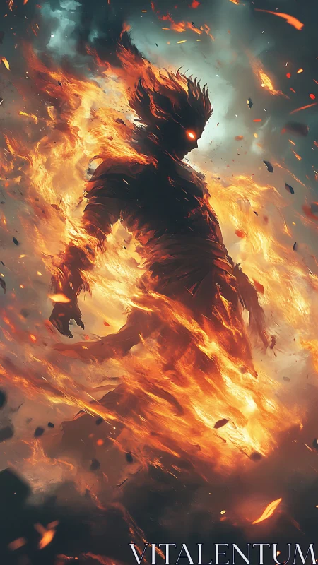 Emberborn titan strides through stormlit inferno skyward.