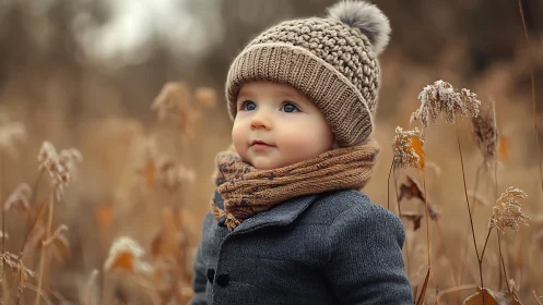 Child in winter knitwear poses in frost-covered grass field.