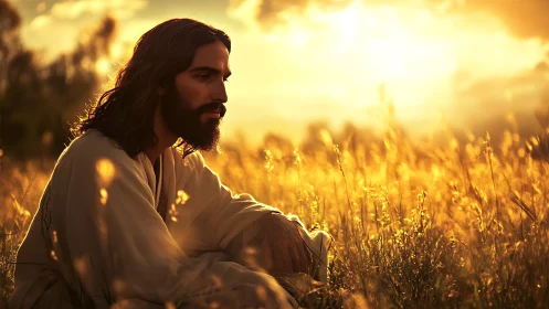 Bearded robed figure seated in sunlit tall grass field