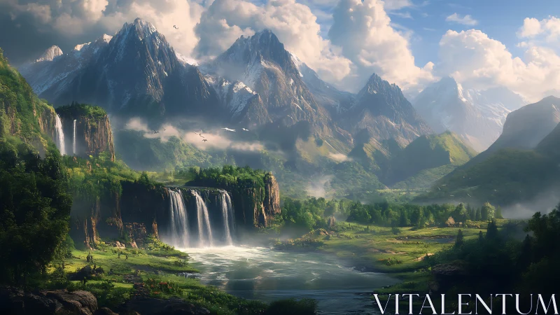 Mountain valley with waterfalls, rivers and distant peaks.