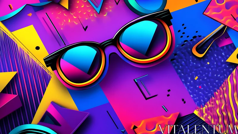 Chromatic sunglasses amid neon geometric abstraction field.