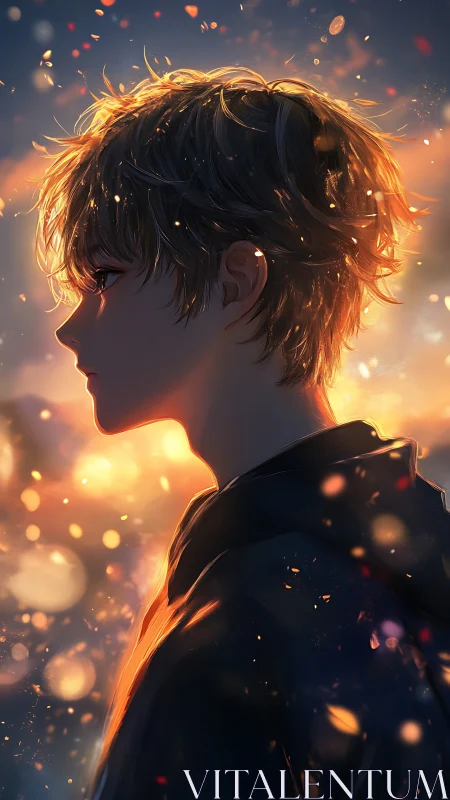 Golden evening glow surrounds a thoughtful anime boy