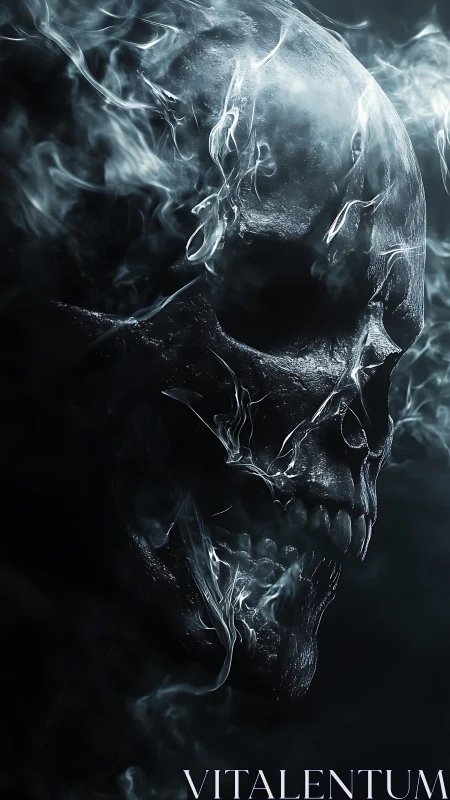 Volumetric smoke-etched skull rendered in high contrast profile.