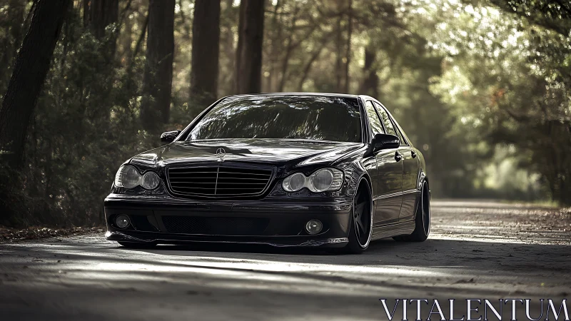 Low-slung black sedan integrates glossy reflections in forested light