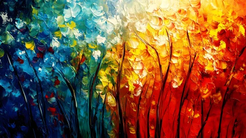 Vibrant Abstract Forest in Blue, Yellow, and Red Palette, Impasto Style.