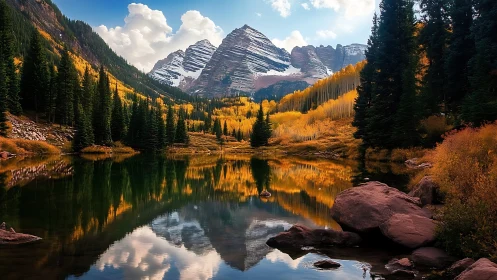 Autumn alpine lake reflection with conifer forest and rugged peaks