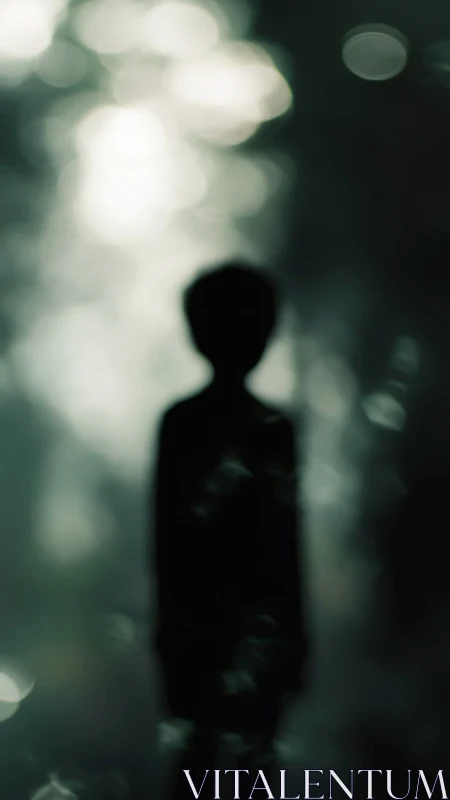 Silhouetted figure dissolves into soft green forest bokeh.