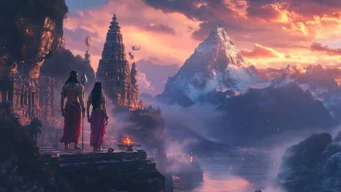 Mythic pilgrims gaze toward a sacred Himalayan temple valley.