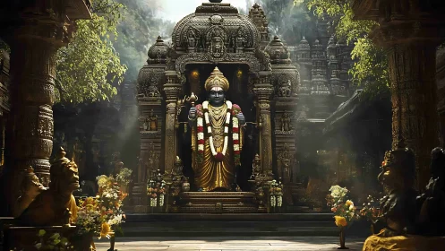 Hindu deity statue stands within ornate sunlit stone sanctum