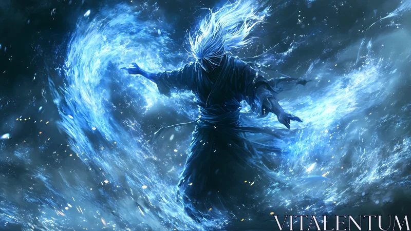 Arcane water mage unleashes swirling blue elemental storm.