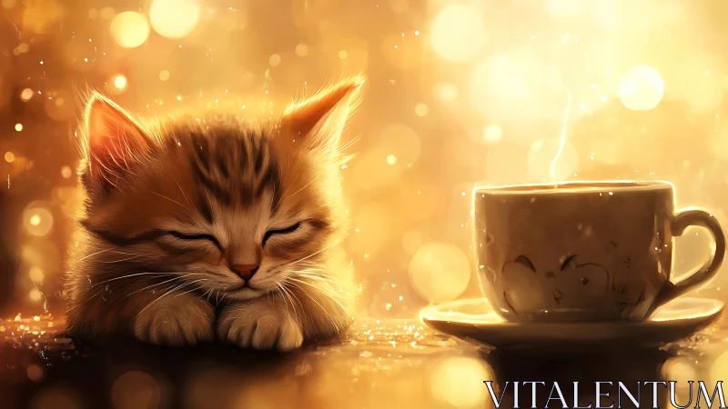Stylized Feline with Warm Beverage in Golden Ambient Setting.