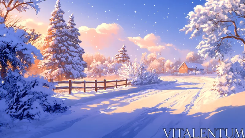 Snowy country road to a distant farmhouse at sunset.