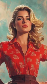 Blonde woman in red floral blouse stands against teal sky