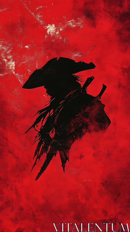 Shadowed wanderer outlined against a stormy red sky.