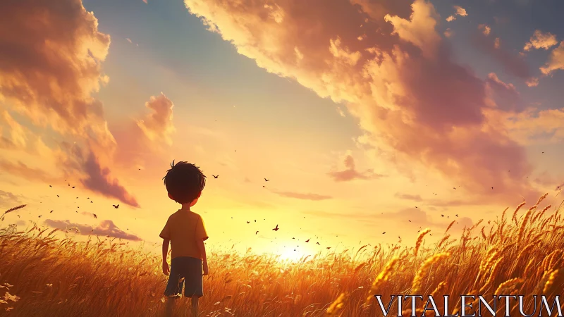 Digital painting of child in golden wheat field at sunset sky.