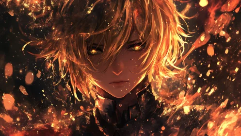 Firelit gaze of the golden warrior in swirling embers.