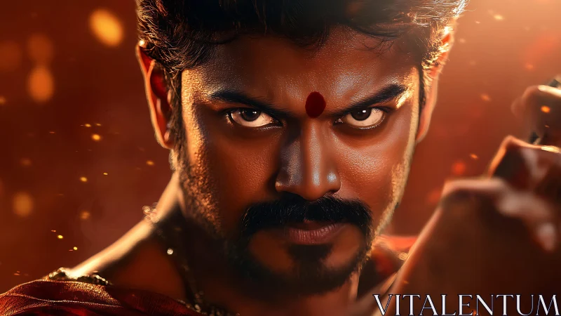 Intense warrior gaze framed by fiery cinematic lighting.