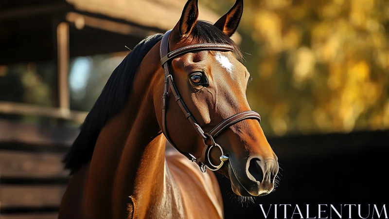 Bay sport horse portrait in sunlight with bridle detail.