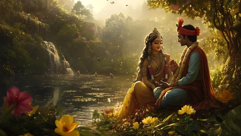 Divine lovers beside golden forest lake at sunrise.