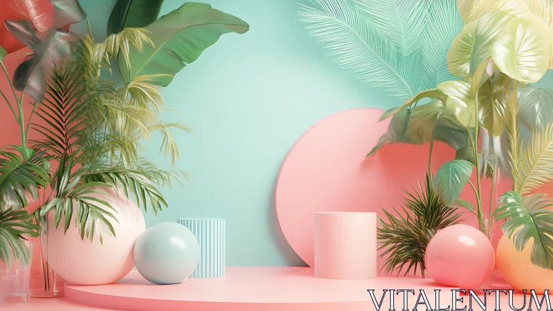 Pastel tropical still life pairs geometric forms with foliage
