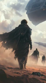 Cloaked wanderers cross desert toward looming starship