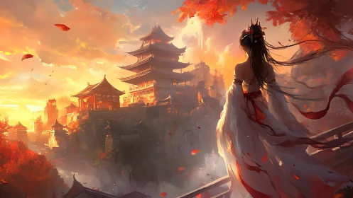 Elegant maiden gazes over ancient temples at blazing sunset