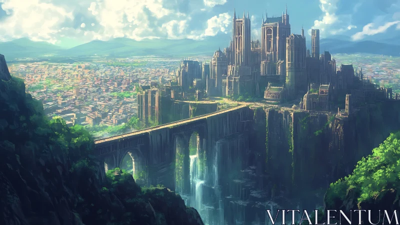 Sunlit cliffside citadel overlooks vast valley metropolis.