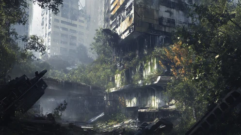 Vegetation progressively overtakes decayed urban high‑rises