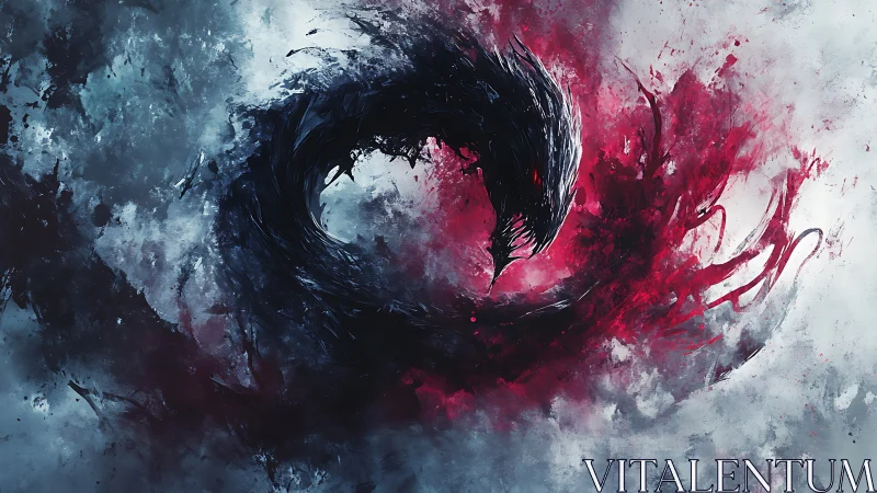 Dark vortex dragon coiled in red and blue stormscape.