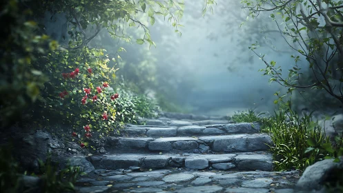 Misty stone garden steps recede into softly diffused light