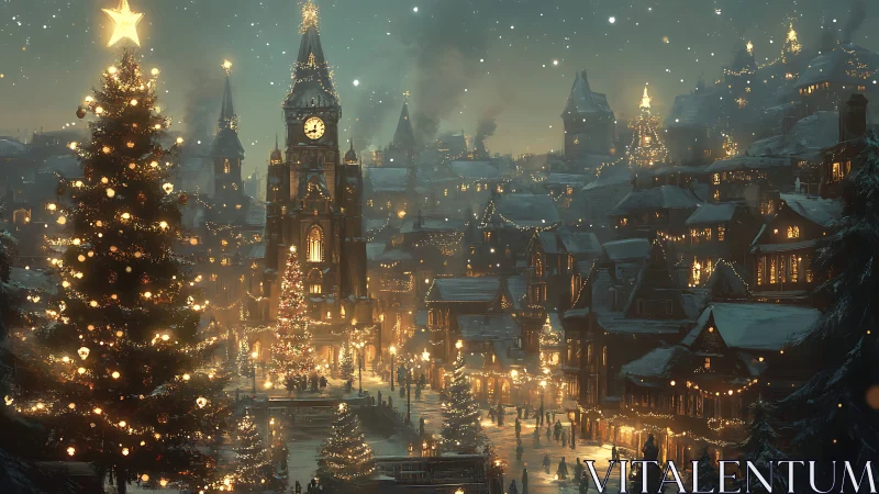 Snow-covered town square glows with dense festive illumination at dusk