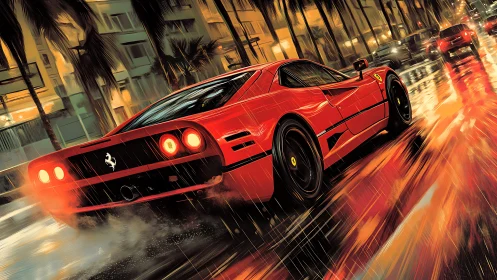 Red sports car on wet neon city street at night.