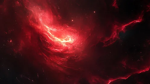 Red cosmic nebula swirling in deep black outer space.