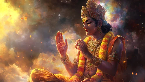 Divine figure radiates calm within swirling cosmic light.