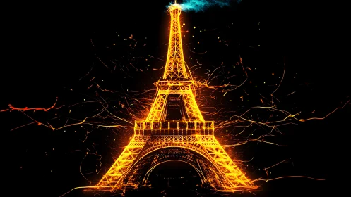 Eiffel Tower rendered in luminous orange digital outline.