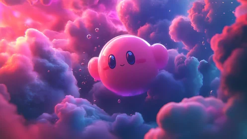 Pink spherical character hovers within luminous colored clouds