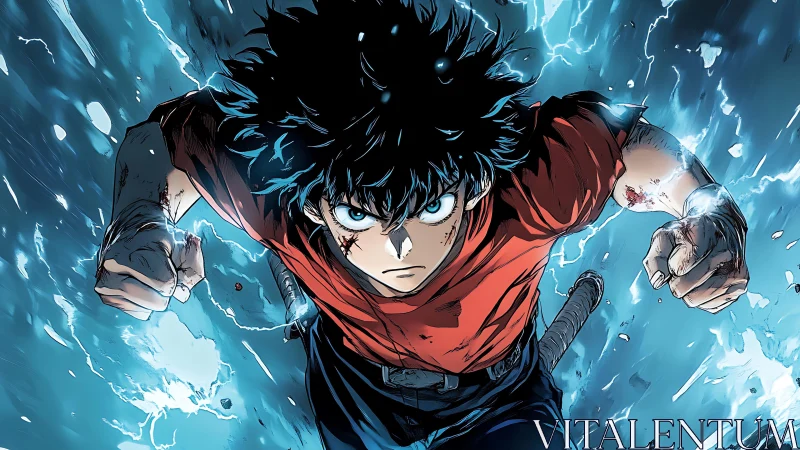 Dynamic anime hero surging forward through electric blue energy