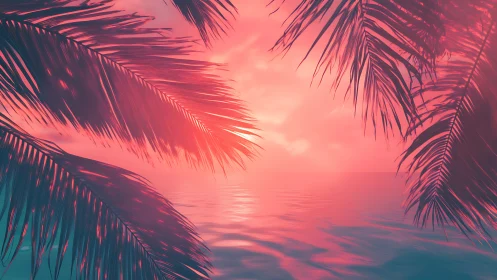 Neon tropical sunset silhouettes bold palm frond canopy.