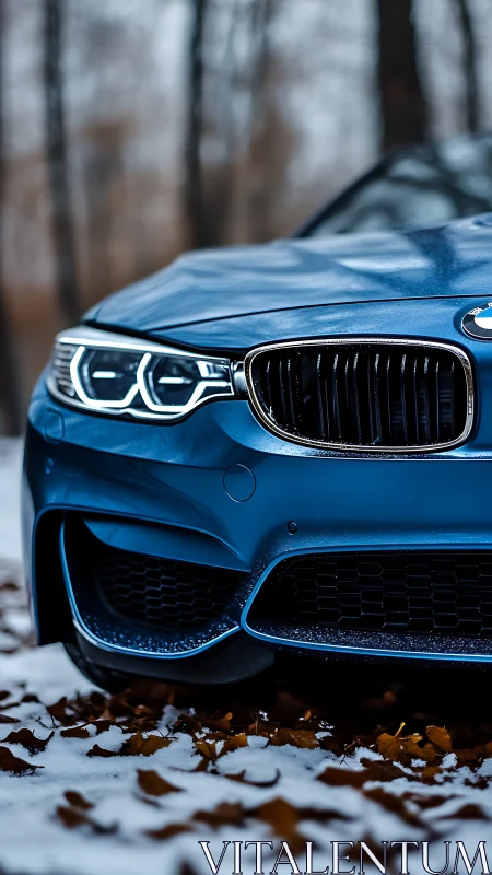 Photorealistic front-quarter detail of blue sport sedan in snow.