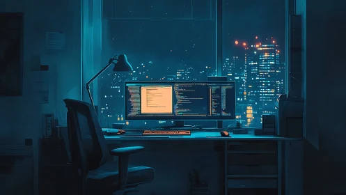 Dual-monitor coding workstation overlooks neon urban skyline