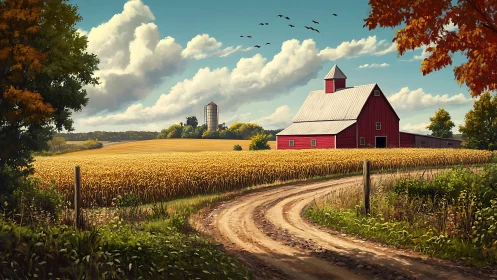 Sunny country barn beside golden fields and winding road.