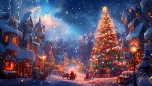 Snowy Christmas village glows around towering festive tree
