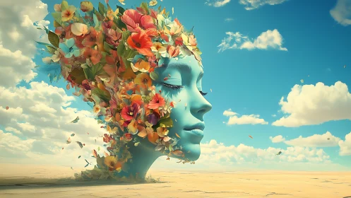 Dreamy floral spirit face drifts gently across desert sky