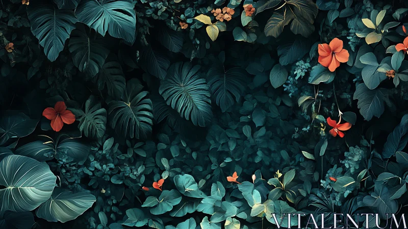 Nocturnal tropical foliage matrix with saturated hibiscus accents.