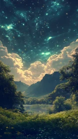 Digital painting of celestial valley landscape with star-strewn sky.