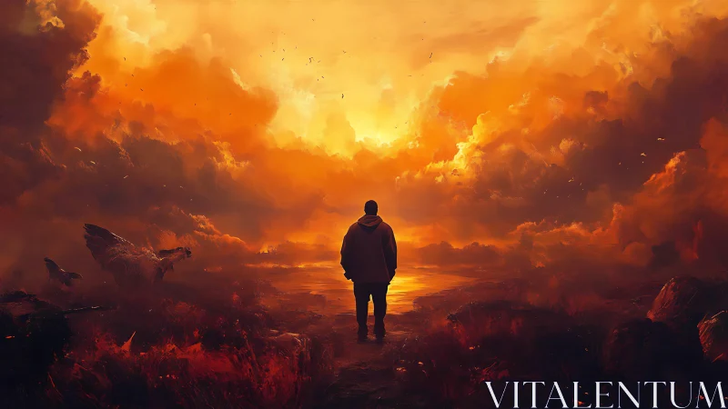 Lone figure walks into a blazing apocalyptic sunset sky