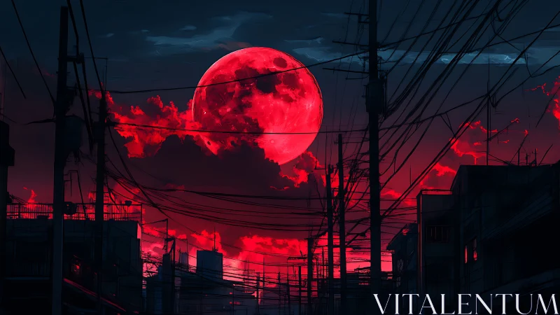 Crimson moonrise glowing above quiet city power lines.