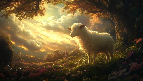 Sunlit lamb quietly crowns a spellbound forest meadow